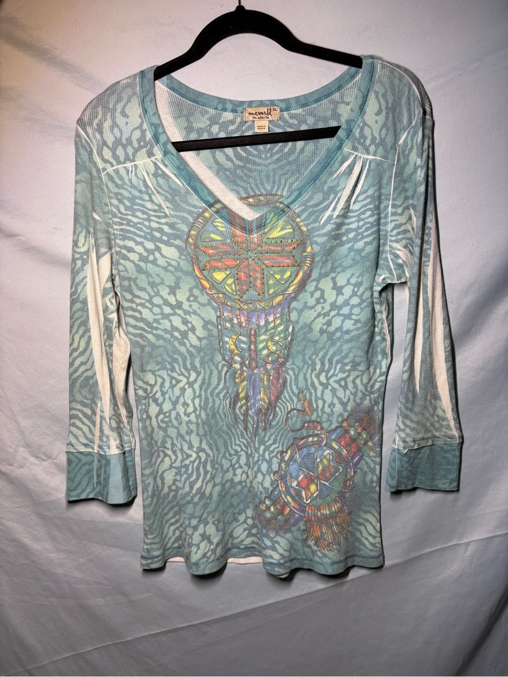 Y2K Teal Dreamcatcher Print studded V-Neck Women's Top